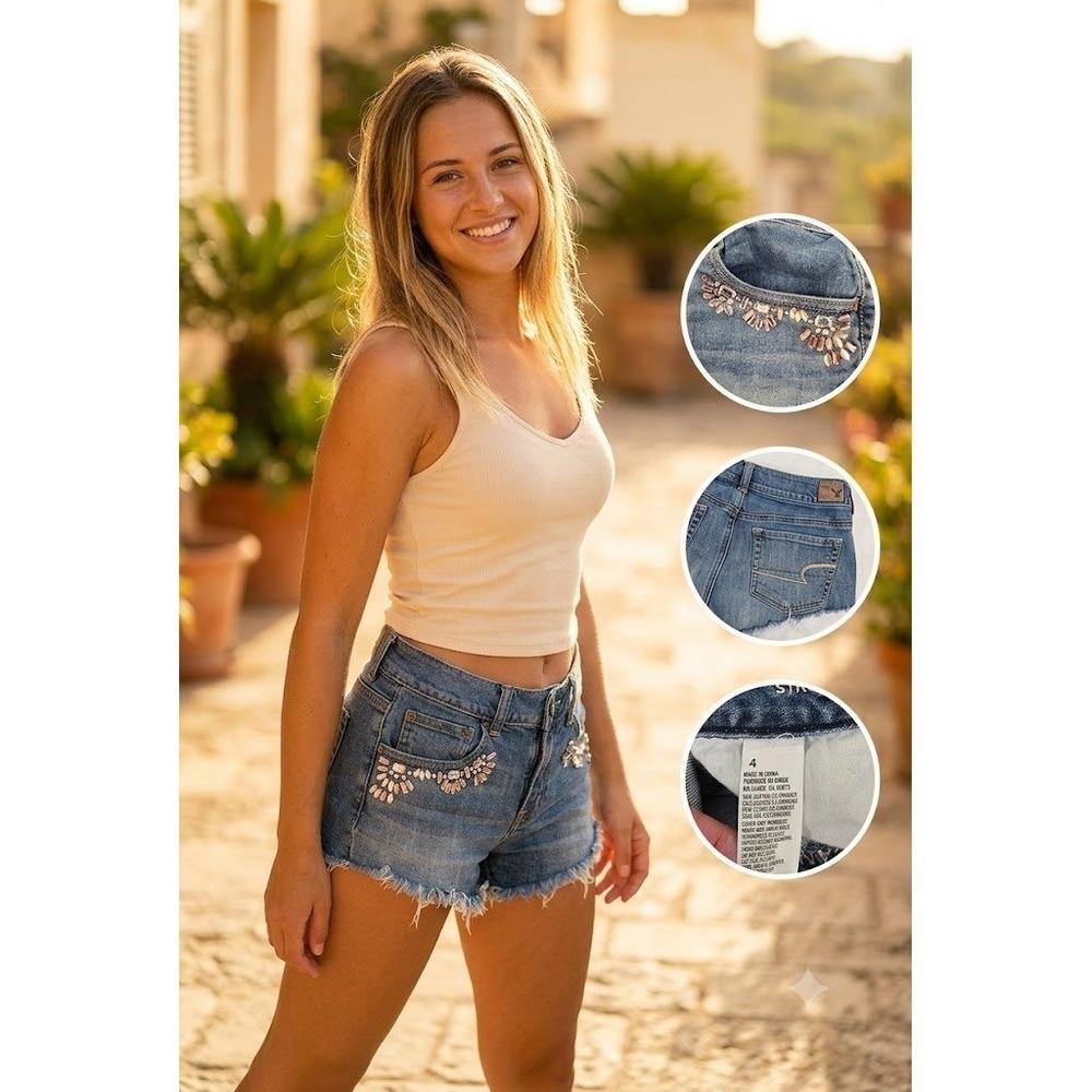American Eagle Embellished Rhinestone Denim Shorts Womens Size 4 Cutoff Thrashed